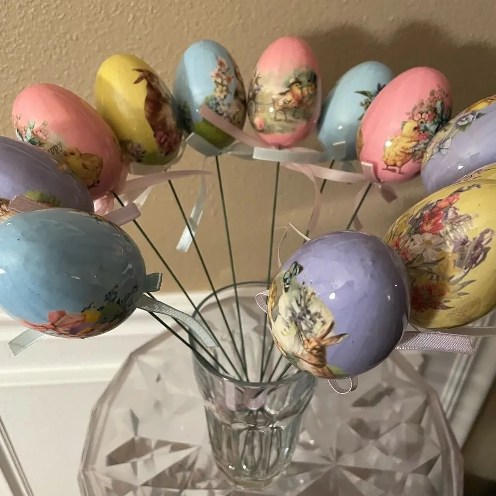Vintage Decoupage Eggs with Vintage Easter Prints on Long Wire Picks with Ribbon